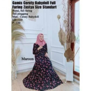 Gamis Ceruty Babydoll Furing Rose Maroon